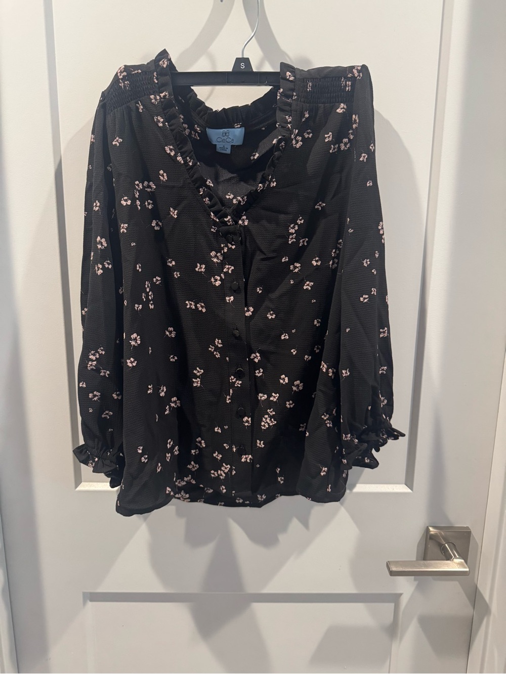 CeCe Black Button-Front Floral Blouse with Ruffle Trim